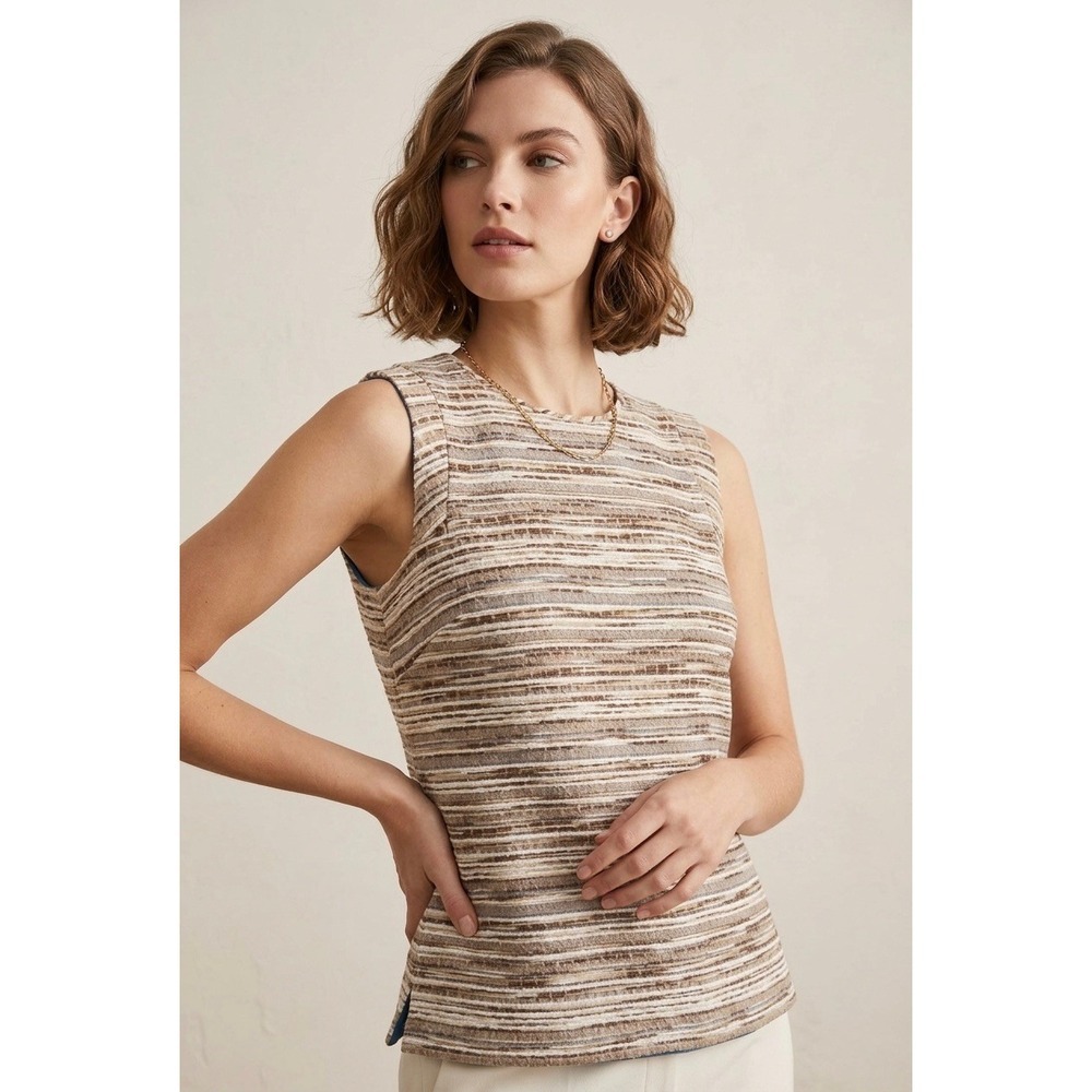 Lafayette 148 New York Cotton Silk Tweed Striped Sleeveless Shell Top Tan Size 4